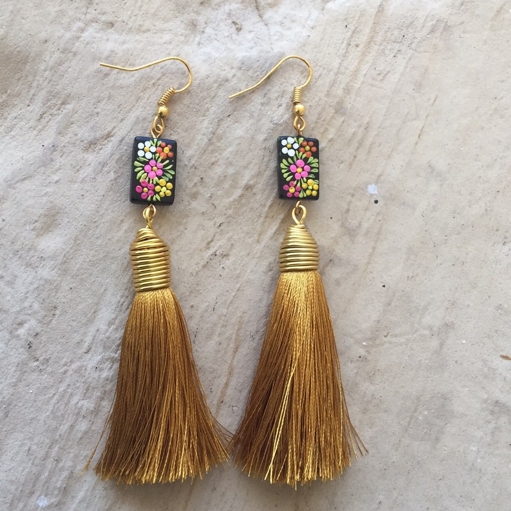 Mexican hand painted 3” Long Earrings with tassels